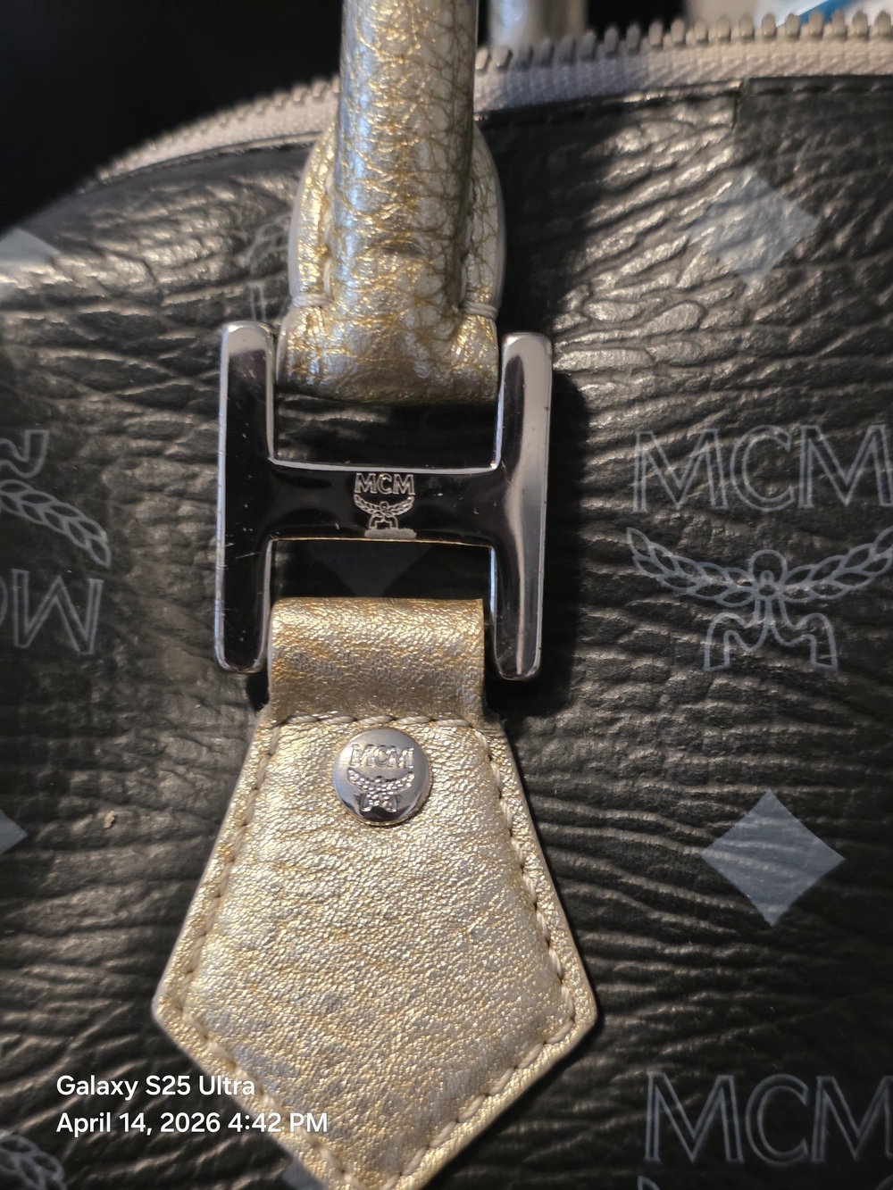 SOLD)))MCM Metallic Black Leather Small/Med Boston Bag W/ Gold and Pink Accents. - Picture 8 of 15